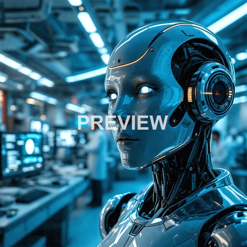 A highly detailed humanoid robot with glowing eyes and a sleek, futuristic design in a high-tech laboratory setting.
